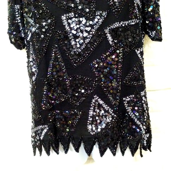 Vintage 80s Silk Sequin Beaded Crew-T Top Lady-M Keyhole SSL Bling Glam Metallic - Picture 3 of 10